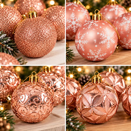BakGelAl 24 Parça Lüks Rose Gold Yılbaşı Ağaç Süsü Seti - 6 cm Dört Farklı Tasarımlı Rose Gold Çam Ağacı Topu Seti
