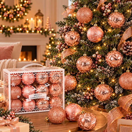 BakGelAl 24 Parça Lüks Rose Gold Yılbaşı Ağaç Süsü Seti - 6 cm Dört Farklı Tasarımlı Rose Gold Çam Ağacı Topu Seti
