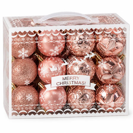 BakGelAl 24 Parça Lüks Rose Gold Yılbaşı Ağaç Süsü Seti - 6 cm Dört Farklı Tasarımlı Rose Gold Çam Ağacı Topu Seti