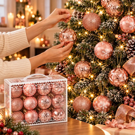 BakGelAl 24 Parça Lüks Rose Gold Yılbaşı Ağaç Süsü Seti - 6 cm Dört Farklı Tasarımlı Rose Gold Çam Ağacı Topu Seti