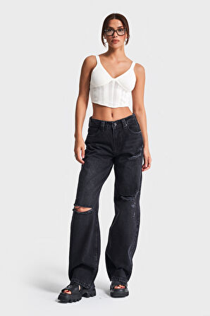 Kadın Füme Renk 10s5-1 Baggy Balloon Yırtık Detaylı %100 Koton Orta Bel Denim Jean