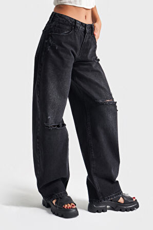 Kadın Füme Renk 10s5-1 Baggy Balloon Yırtık Detaylı %100 Koton Orta Bel Denim Jean