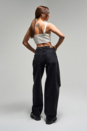 Kadın Füme Renk 10s5-1 Baggy Balloon Yırtık Detaylı %100 Koton Orta Bel Denim Jean