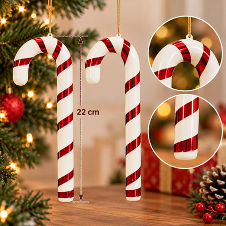 Yılbaşı Çam Ağacı Süsü Baston Şeker 22 cm - Kırmızı Beyaz Şeker Kamışı Ağaç Süsü (2'li Paket)