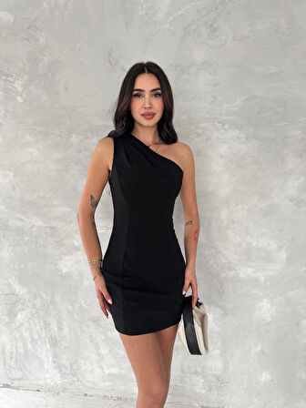 Tek Omuzlu Kolsuz Mini Boy Elbise - Siyah