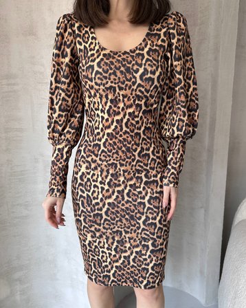 Leopar Desenli Midi Boy Elbise - SİYAH - M