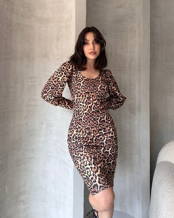 Leopar Desenli Midi Boy Elbise - SİYAH - M