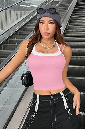 Kadın Pembe Beyaz Çift Renk Çapraz Askılı Crop Top Bluz - Pembe - L-XL