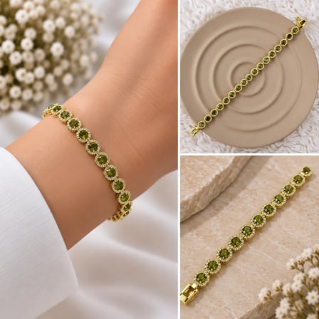 💎 Premium Parlak ve Şık Yeşil Taşlı Gold Renk 316L Çelik Kadın Bileklik (20cm)