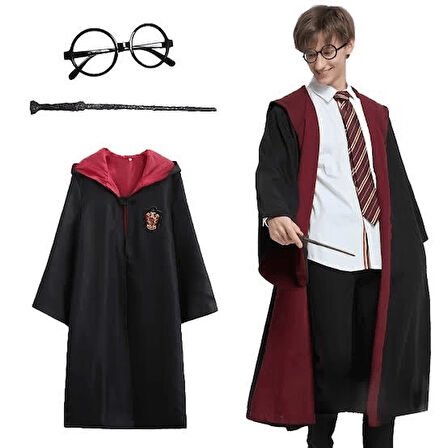 Harry Potter Gryffindor Kapişonlu Çocuk Kostüm + Asa + Gözlük Seti 7-8 Yaş - Lisinya