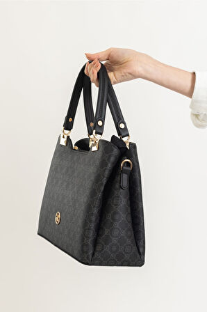 Siyah Gri kadın Uzun Askılı Bölmeli El ve Omuz Çantası