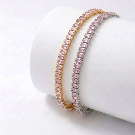 💎 Premium Parlak 4mm Pembe Zirkon Taş Su Yolu Kadın Bijuteri Bileklik 3183KBV4D6 (~18cm Altın Renk)