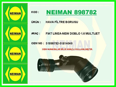 HAVA FİLTRE BORUSU FIAT LINEA-NEW DOBLO 1.6 MULTIJET 51898782 51814040