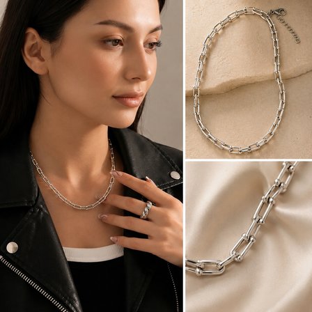 💎 Premium Gümüş Renk Parlak ve Şık Stil Modern Zincir Kadın 316L Çelik Kolye (45cm)