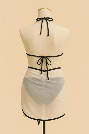 Kadın Siyah Beyaz Pareolu Yandan Ve Boyundan Bağlamalı 3'lü Bikini Takımı