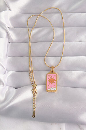 316L Çelik Gold Renk Pembe Mineli Güneş Model Tarot Kolye - Lisinya