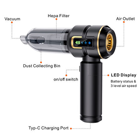 Turbo 16.000 Pa emiş gücü uzun şarj süreli araç süpürgesi ev araba şarjlı süpürge