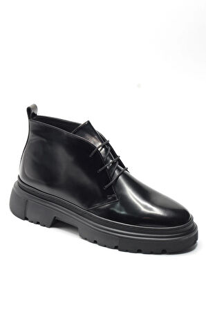 Siyah Hakiki Açma Deri Kalın Kauçuk Tabanlı Modern Klasik Erkek Bot