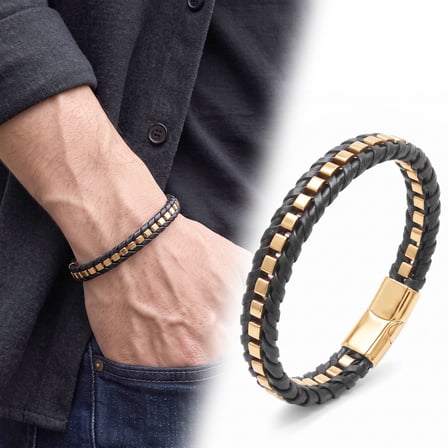 💎 Premium Parlak ve Şık Sarı Siyah Deri Örgü Ve Arnavut 316L Çelik Zincir Bileklik 31834B25D1 20 cm