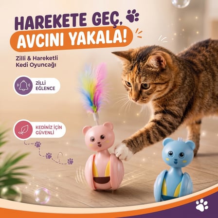 BakGelAl Mekanik Hacı Yatmaz Kedi Oyuncağı – Tüylü Hareketli Salyangoz Kedi Eğlence Oyuncağı