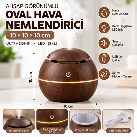 Ahşap Görünümlü Ultrasonik Hava Nemlendirici Aroma Difüzör LED Işıklı USB – OVAL KOYU KAHVE ŞARJLI