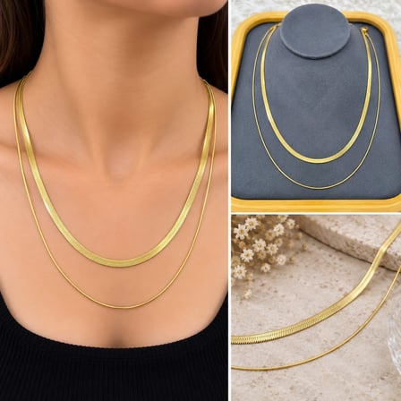 💎 Premium Parlak ve Şık Gold Renk İkili Zincir Kadın 316L Çelik Kolye (45 cm)