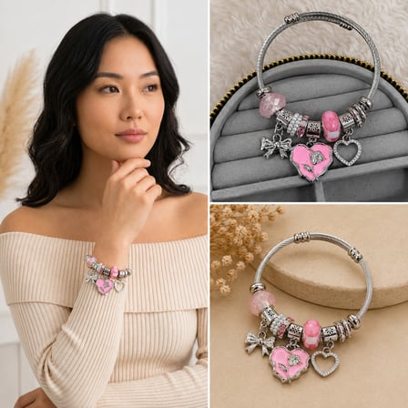 💎 Premium Parlak ve Şık Gümüş Renk Pembe Kalp ve Fiyonk Figürlü Charm Kadın Bijuteri Bileklik (20cm)