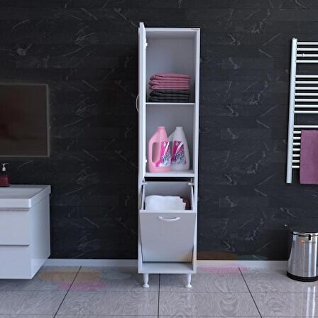 Modilayn ALAÇATI 35x136 cm Çamaşır Sepetli Dolap, Banyo Düzenleyici Deterjan Temizlik Havlu Dolabı