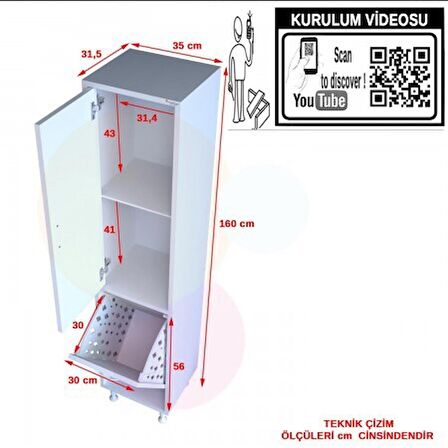 Modilayn ALAÇATI 35x136 cm Çamaşır Sepetli Dolap, Banyo Düzenleyici Deterjan Temizlik Havlu Dolabı