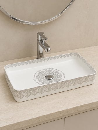 Beyaz Gold Desenli Tezgah Üstü Seramik Çanak Lavabo 60x35x11 cm