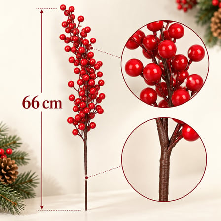 BakGelAl 66 cm Kokina Görünümlü Kırmızı Meyveli Dekoratif Yılbaşı Dalı – Yapay Çiçek, Vazo ve Çam Ağacı Süsü