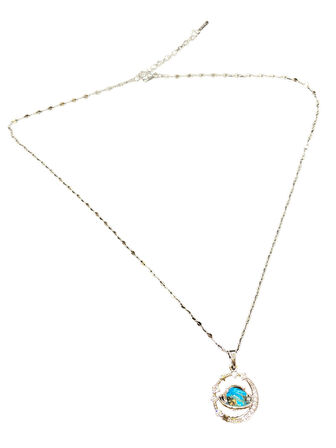 Gümüş Renk Parlak ve Şık 316L Çelik VIP Mavi Taşlı Gezegen Model Kadın Kolye - Göz Alıcı Şık Tasarım