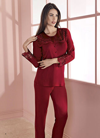 Espuar 757 Penye 3'lü Sabahlık Pijama Takımı - Bordo - XL