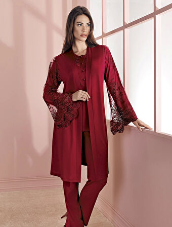 Espuar 757 Penye 3'lü Sabahlık Pijama Takımı - Bordo - XL