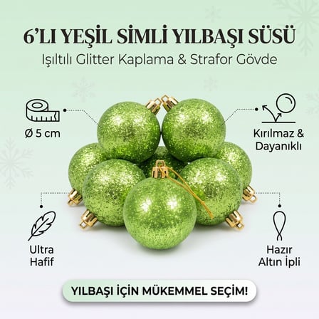 6'lı Simli Yılbaşı Ağaç Süsü Topu 5 cm - Kar Topu Süsleme Seti