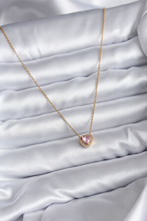316L Çelik Zincir Gold Renk Pembe Zirkon Taşlı Charm Kadın Kolye - Lisinya