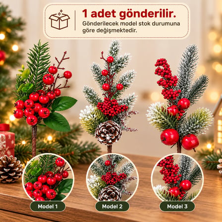 BakGelAl Kar Efektli Yapay Çam Dalı – Kırmızı Meyveli Kokina Görünümlü Yılbaşı Süsü, Kozalaklı Aranjman ve Vazo Dekorasyonu