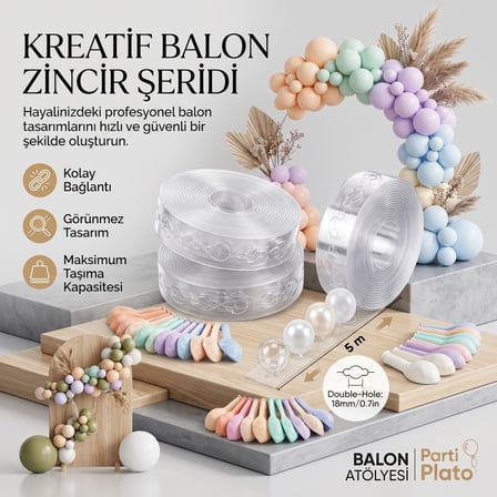 BakGelAl 5 Metre Plastik Balon Zinciri Aparatı 7li set- Şeffaf Balon Şeridi Hazırlama 