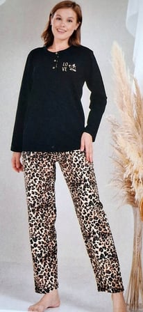 Miss Melina Büyük BedenPamuk Uzun Kol Kadın Pijama Takımı Leopar Siyah 