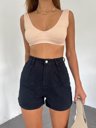 Çift Cepli Pileli Mini Denim Şort - SİYAH - 40