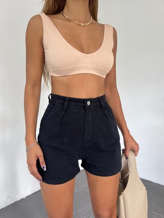 Çift Cepli Pileli Mini Denim Şort - SİYAH - 40
