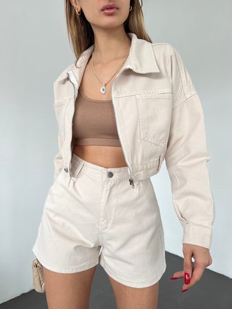 Fermuarlı Çift Cepli Denim Ceket - KREM - S