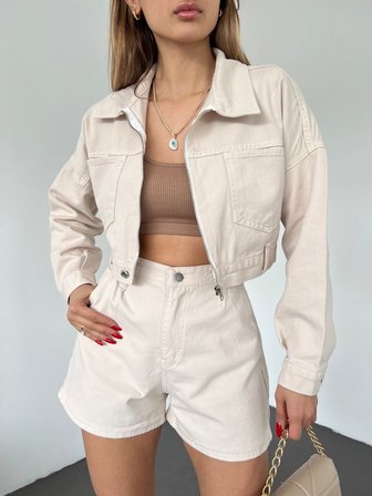 Fermuarlı Çift Cepli Denim Ceket - KREM - S