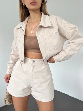 Fermuarlı Çift Cepli Denim Ceket - KREM - S