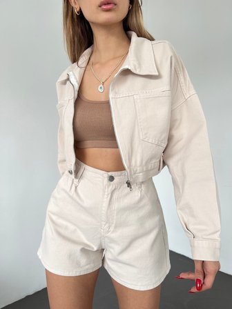 Fermuarlı Çift Cepli Denim Ceket - KREM - S