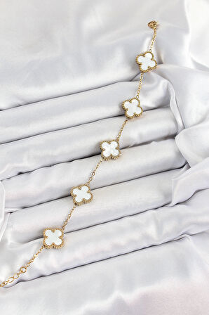 316L Çelik Beyaz Sedef Yonca Model Gold Renk Kadın Bileklik