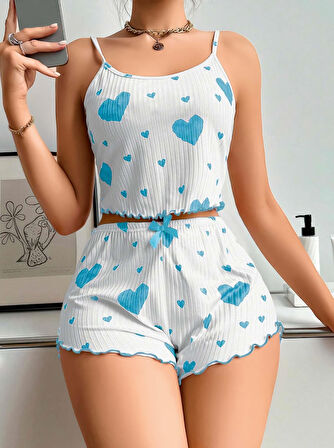 Kadınbeyaz Mavi Kalp Desenli Askılı Şortlu Pijama Takım 6657 - Beyaz - S-M