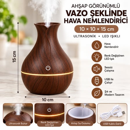 Ahşap Görünümlü Ultrasonik Hava Nemlendirici Aroma Difüzör LED Işıklı USB – VAZO KOYU KAHVE