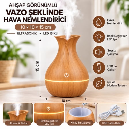 Ahşap Görünümlü Ultrasonik Hava Nemlendirici Aroma Difüzör LED Işıklı USB – VAZO AÇIK KAHVE-ŞARJLI