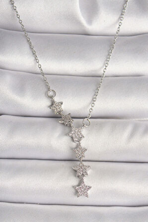 316L Çelik Gümüş Renk Zincir Zirkon Taşlı Yıldız Model Kadın Kolye